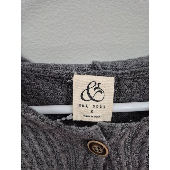 Mai Soli Gray Ribbed Button-Down Hooded Long Sleeve Tie Top Womens S - Picture 3 of 5